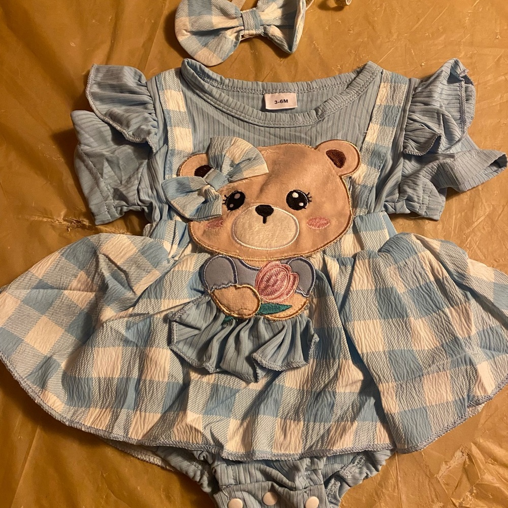 Adorable Blue Checkered Baby Romper with Bear Design